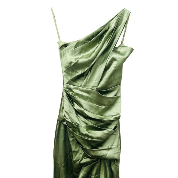 Chicsew Sage Green Satin One Shoulder Formal Gown Bridesmaid Dress Slit 0 - Picture 2 of 4